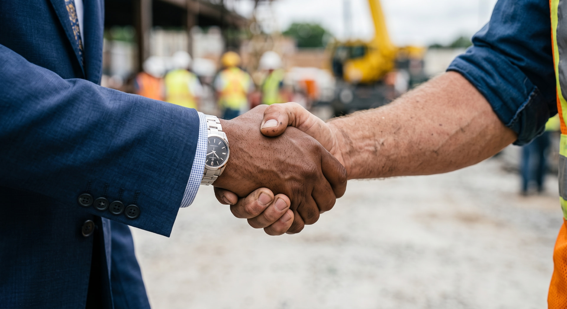 Two professionals shaking hands on a construction site, symbolising trusted labour relations partnership
